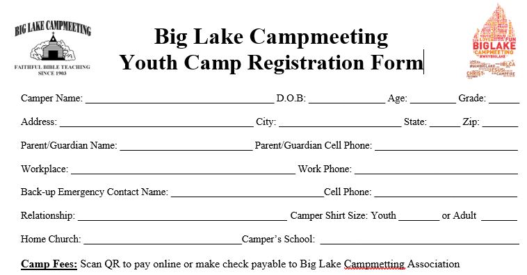 Big Lake Campmeeting Youth Camp Registration Form